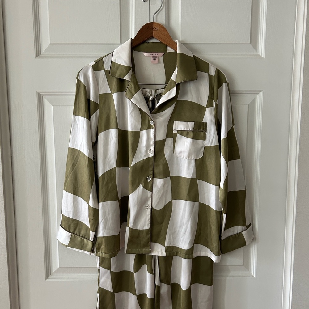 Yini Lulu Green and White Checkerboard Pajama Set Sz S - Picture 5 of 8